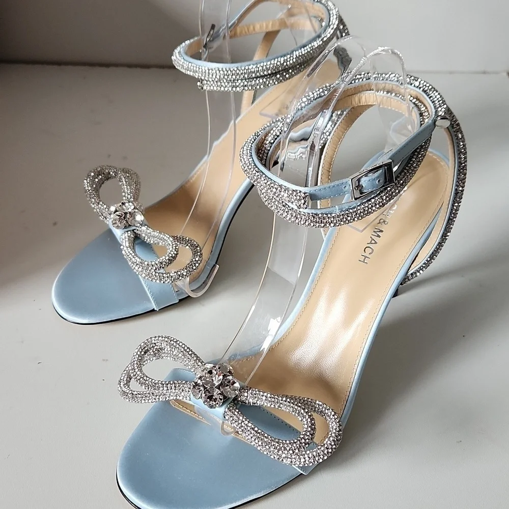 NIB MACH & MACH | Double Bow Round Toe Satin Sandals Heels Pumps Blue Sz 10B 40